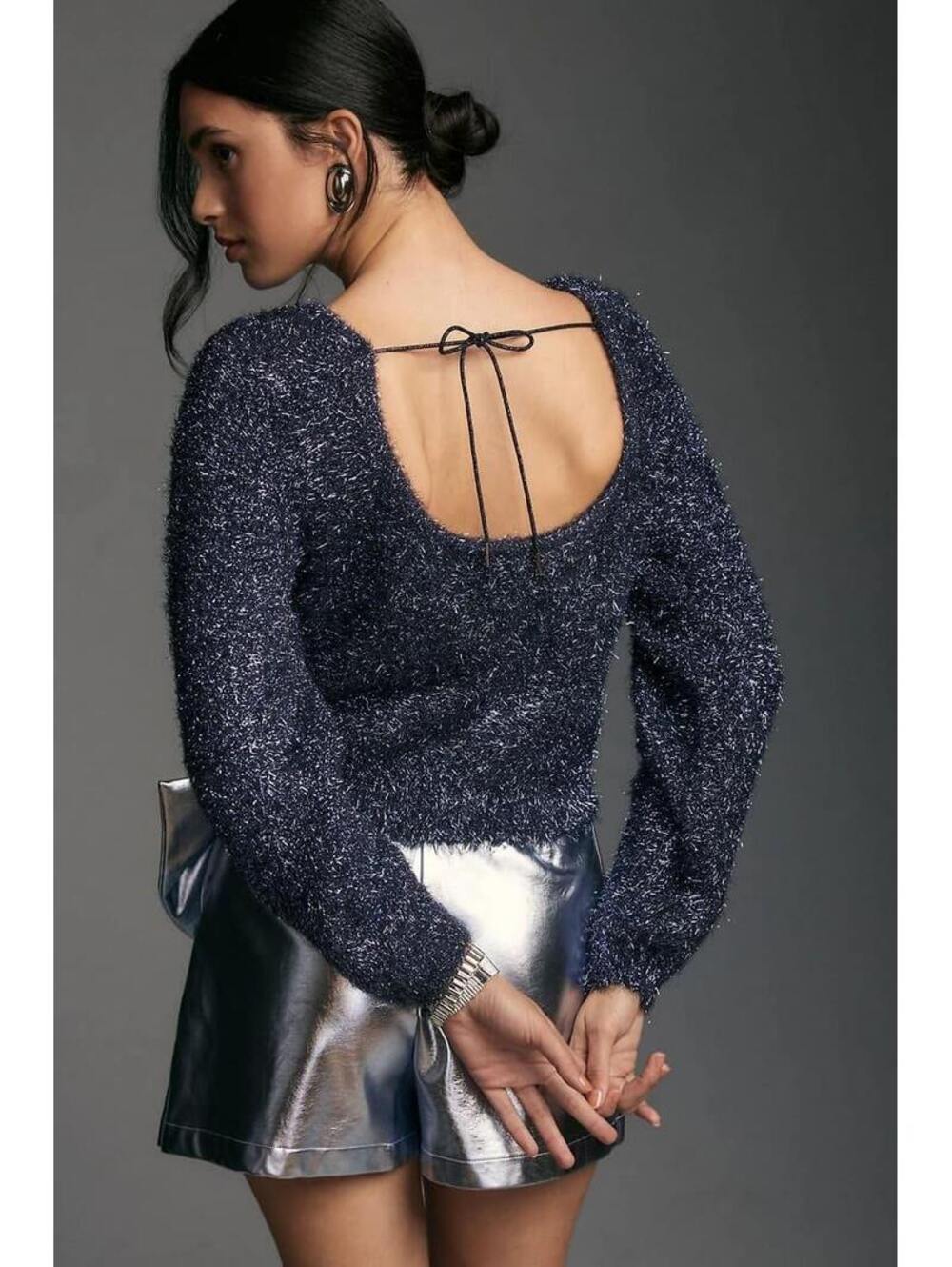 NWT by Anthropologie Navy Blue Metallic Eyelash Fuzzy Sweater Size Small